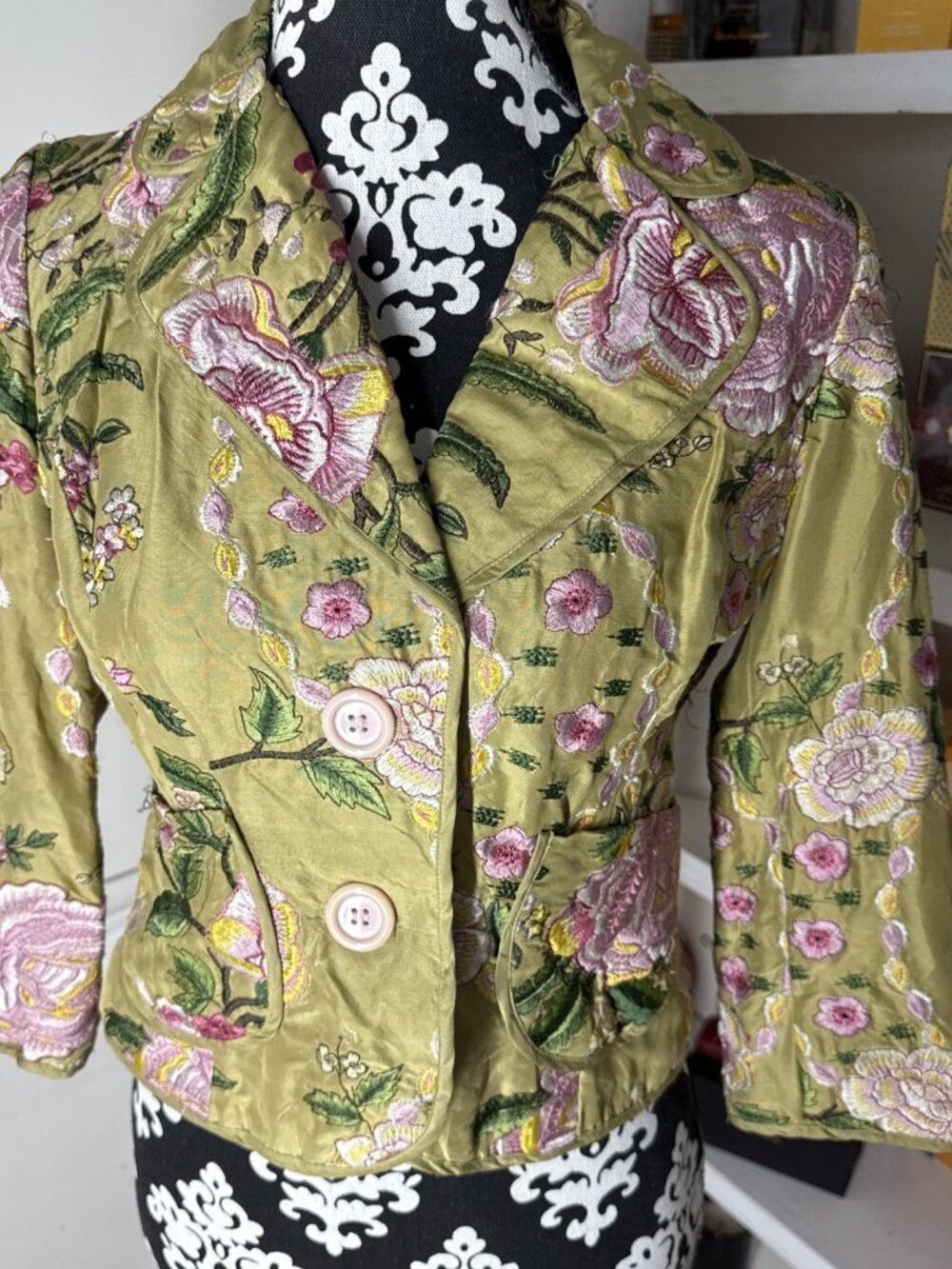 Vintage Silk Embroidered Flower Jacket E By ECI Women’s Size 4 Green Boho Chic